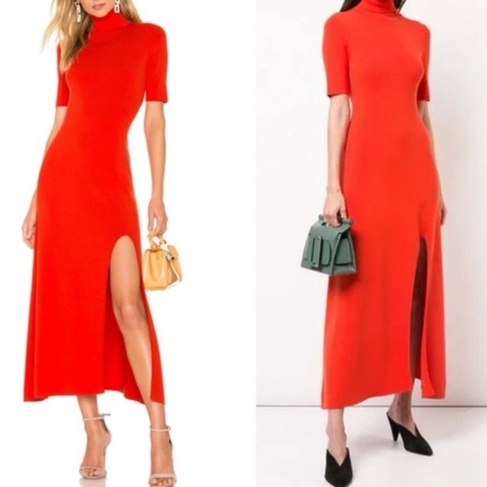 A.L.C. Caplan Turtleneck Short-Sleeve Slit-Front Dress Knit Midi Orange‎